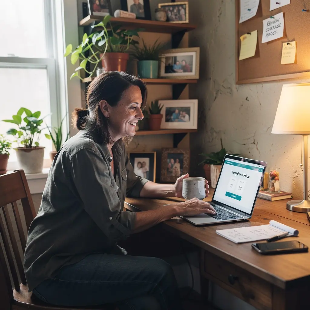 Młody kierowca z uśmiechem sprawdzający oferty ubezpieczeniowe