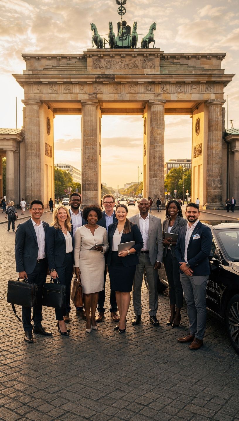Moderne Limousine vor einem Flughafen mit Zugang zur VIP-Lounge.