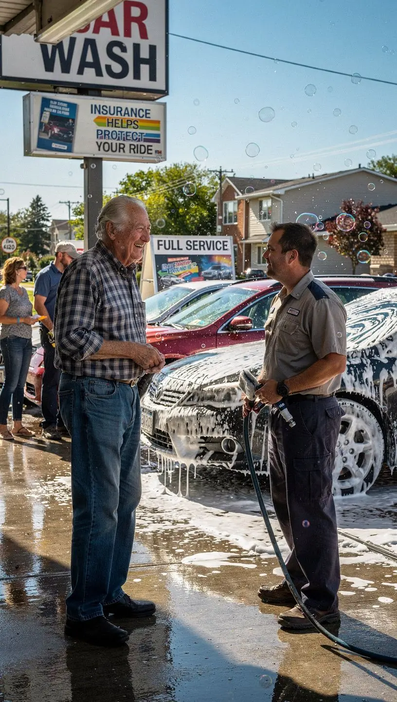Scena z jazdy samochodem, symbolizująca bezpieczeństwo dzięki ubezpieczeniu.