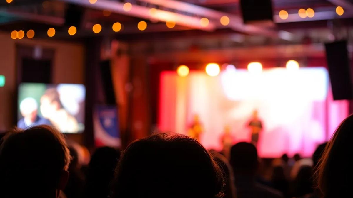 Audience watching a nostalgic live concert under warm stage lights