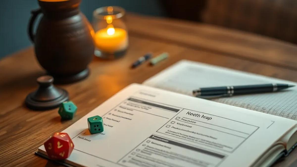 A cozy tabletop game night with a notebook open to a meetup recap, dice, miniatures, and warm lighting