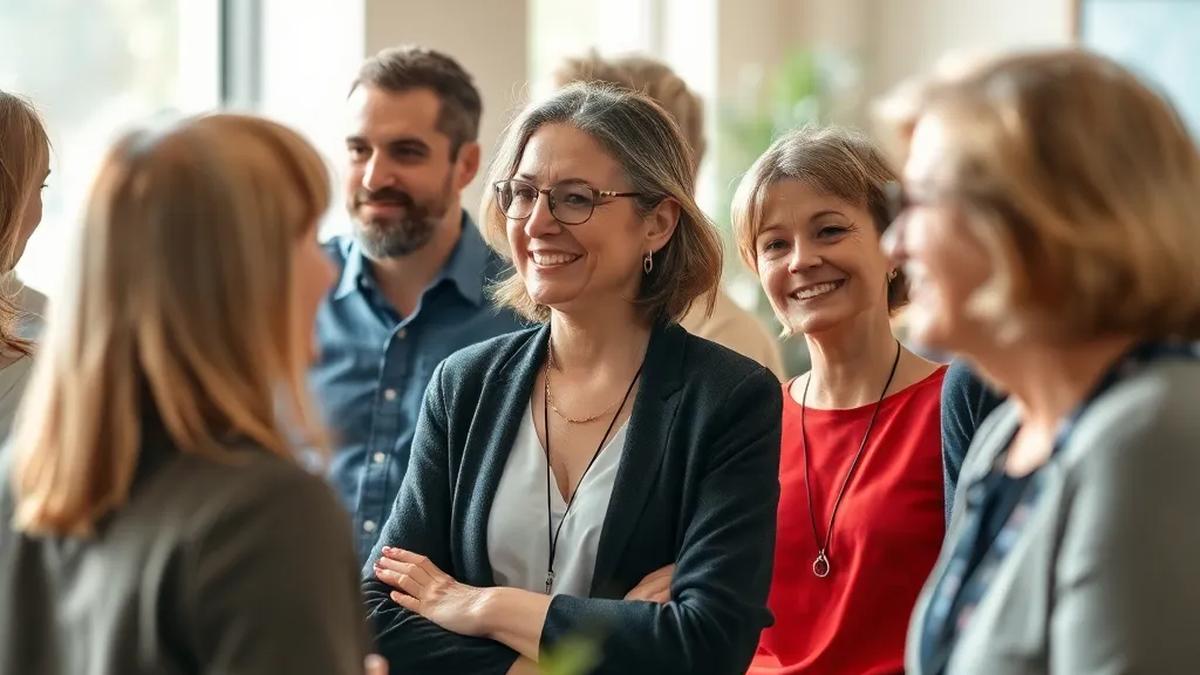 Adults in their 40s to 60s chatting at a relaxed local meetup